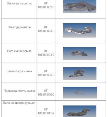 Замок автозчеплення КГ 106.01.002-0 є плоскою деталлю складної конфігурації. Вгорі замок КГ 106.01.002-0 має шип. Запчастини автосцепки вагонів